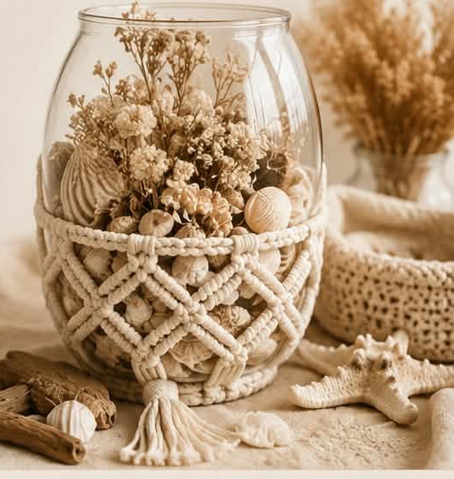 Стъклена ваза с макраме, сушени цветя и морска звезда — MAREA Boho Style
